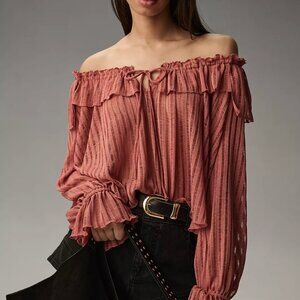 By Anthropologie Long-Sleeve Sheer Striped Flowy Blouse NWT Dark Rose Gorgeous!!